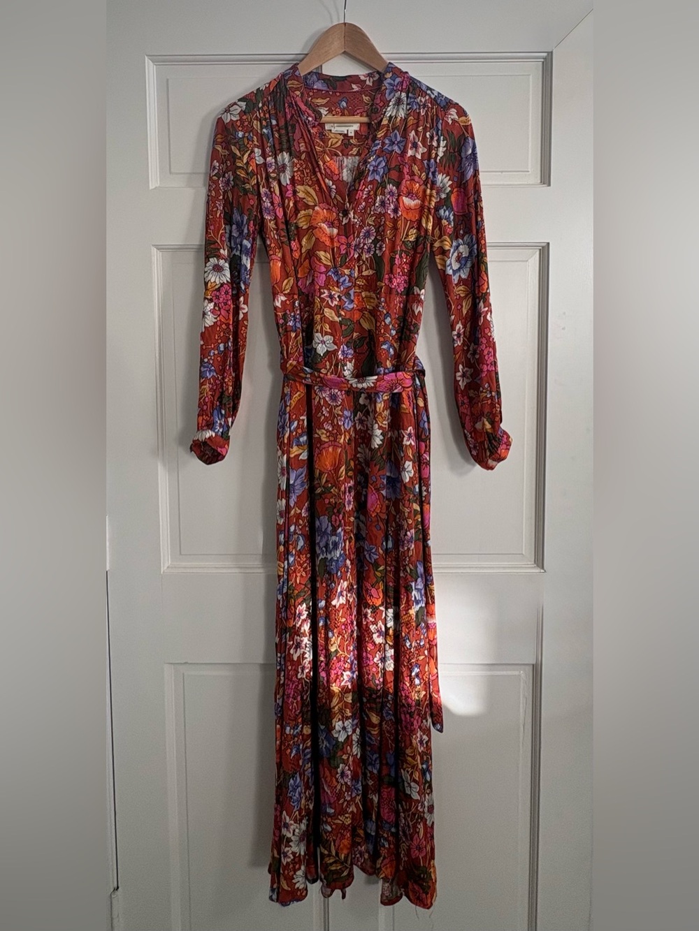 Anthropologie Vale Maxi Shirtdress with a Belt and Pockets, Floral Fall Colors.